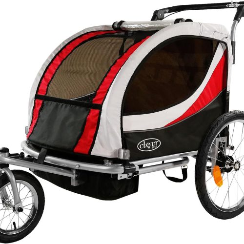ZIZE Bikes - ClevrPlus Deluxe 3-in-1 Double 2 Seat Bicycle Bike Trailer Jogger Stroller for Kids Children | Foldable Collapsible w/Pivot Front Wheel