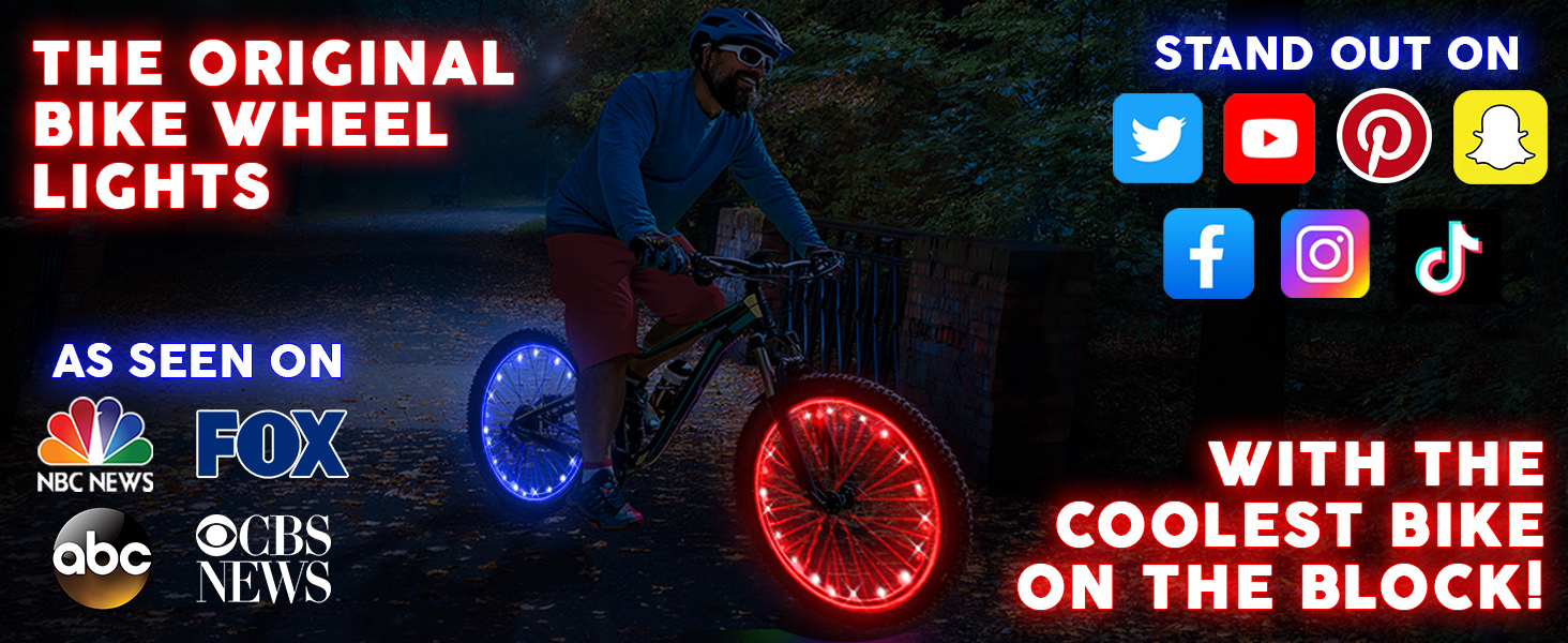 A man riding a bike. Text reads: The Original Bike Wheel Lights, With the coolest bike on the block
