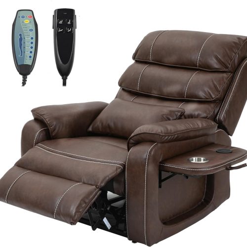 ZIZE Bikes - JIKFRIMA Power Lift Recliner Chair for Adults Elderly Lay Flat Brown Leather Recliners with Massage Heat, Extended Footrest, Cup Holder, Lumbar Pillow, Wireless Charging Device, Up to 400LBS